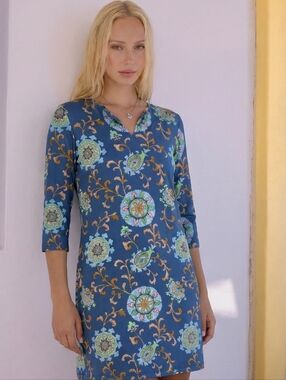 J. McLaughlin Womens Blue Floral Catalina Cloth  Dress Sz M Coastal ResortWear